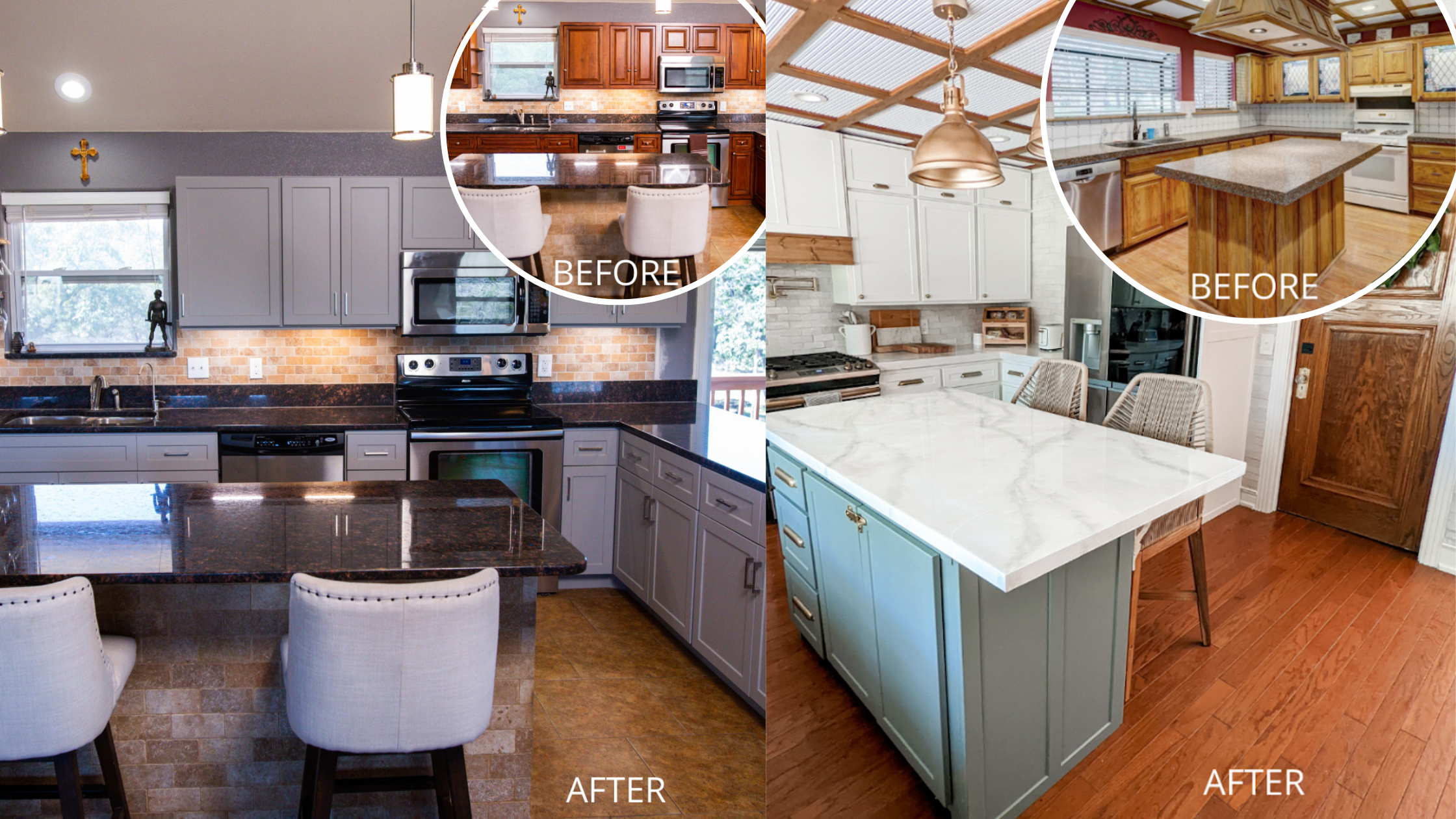 Wide-angle image of two kitchens before and after cabinet refacing.